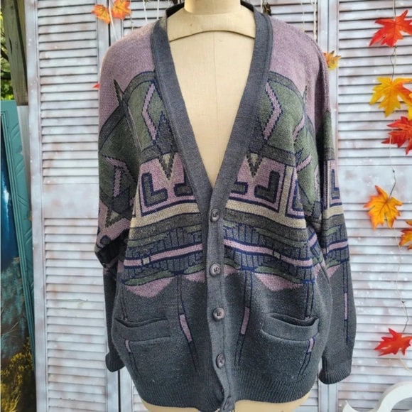 SEARS THE MEN’S STORE Vintage wool blend cardigan sweater, abstract - Picture 5 of 7